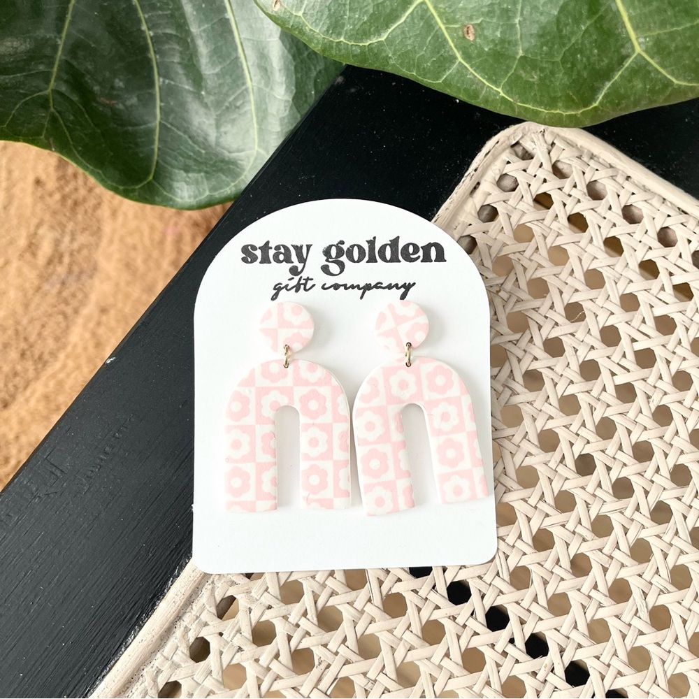 Handmade Polymer Clay Groovy Flower Checker Earrings